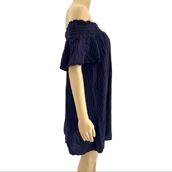 Cooperative MEDIUM Purple Blue Striped Off Shoulder Shift Mini Dress - Picture 3 of 7